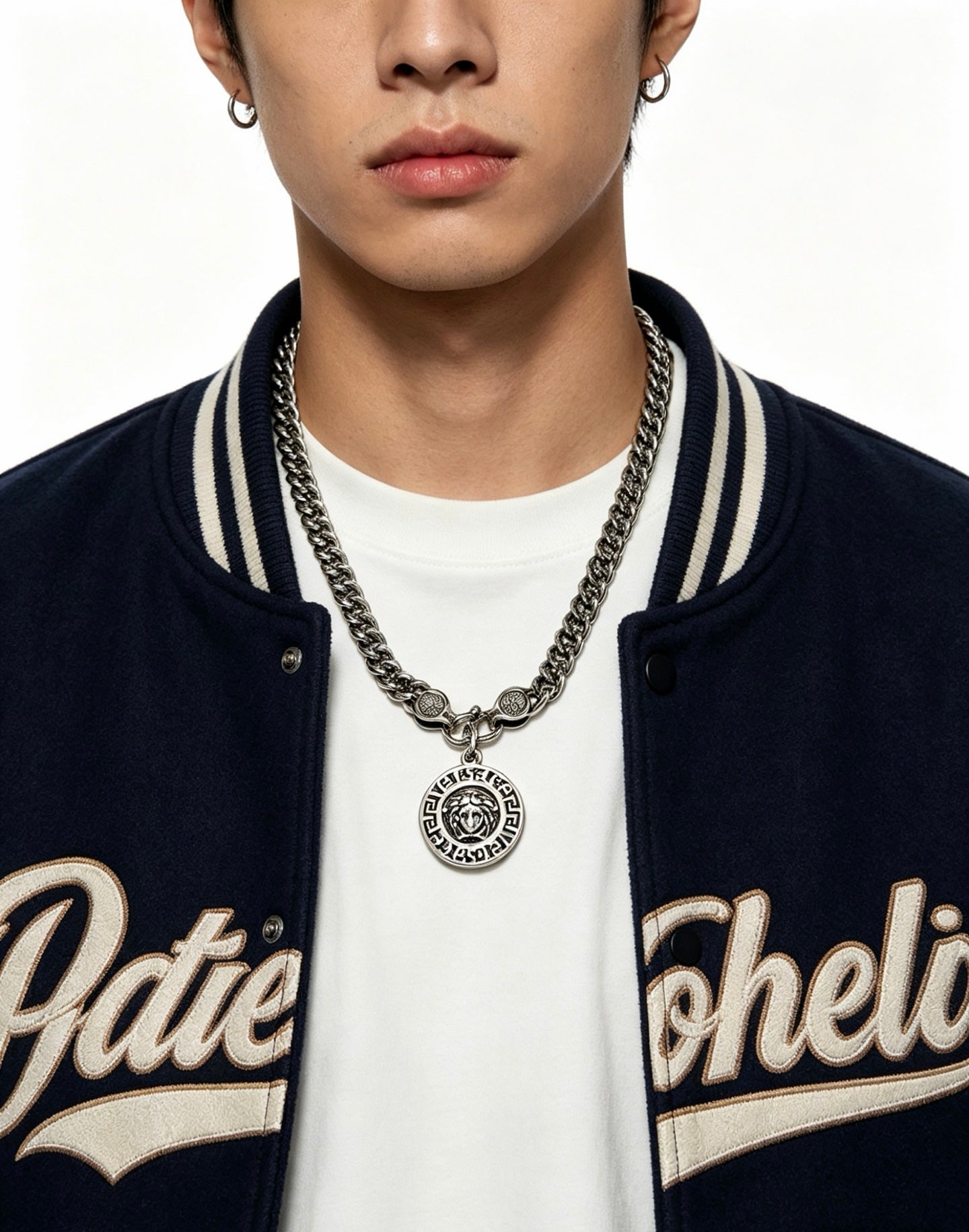 Medusa Head Pendant Necklace in Antique Silver-Tone – 55 cm – Design 02 styled product view