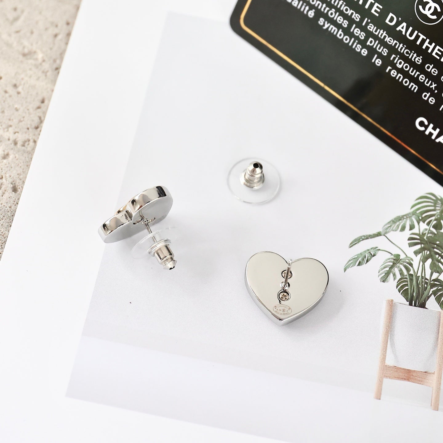 Double-C Emblem Crystal-Accent Stud Earrings – Heart Detail – Design 004 front product view