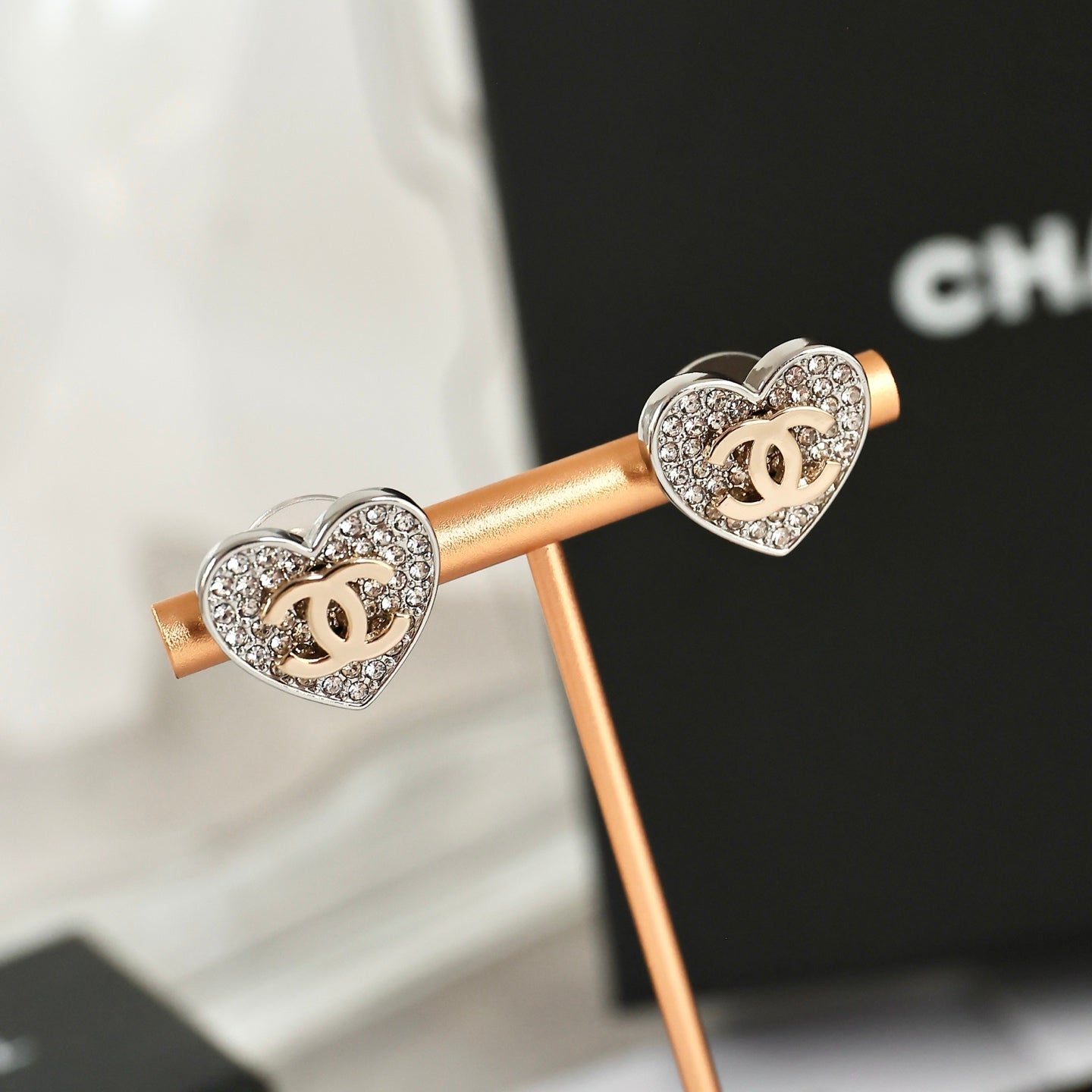 Double-C Emblem Crystal-Accent Stud Earrings – Heart Detail – Design 005 main product view