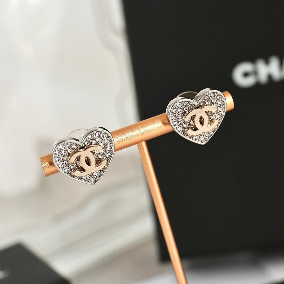 Double-C Emblem Crystal-Accent Stud Earrings – Heart Detail – Design 005 main product view