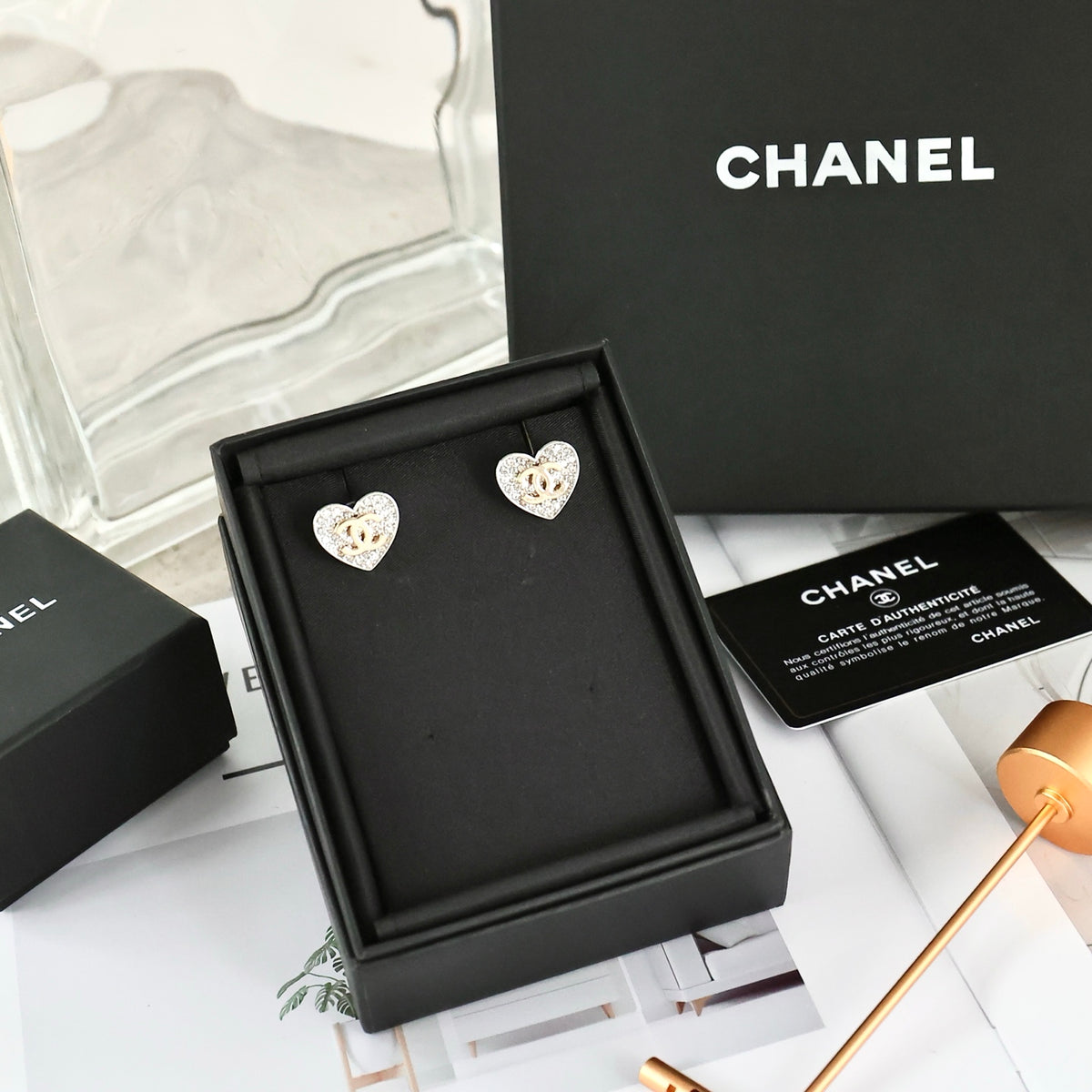 Double-C Emblem Crystal-Accent Stud Earrings – Heart Detail – Design 005 close-up detail