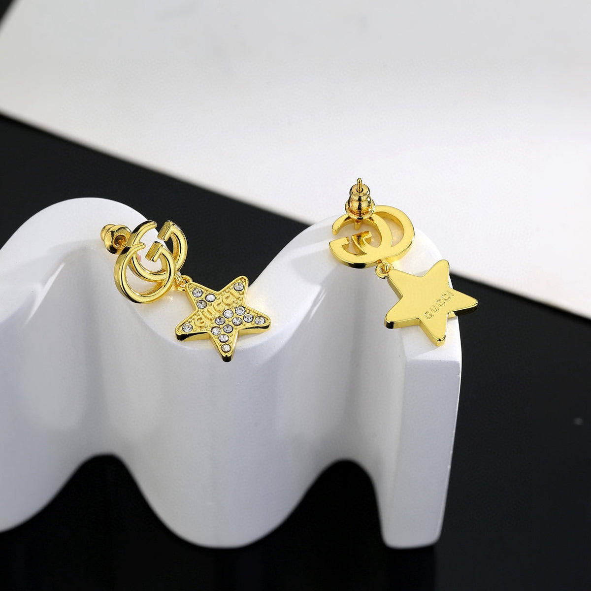 Geometric Emblem Stud Earrings in Polished Metal-Tone – Design 007 front product view