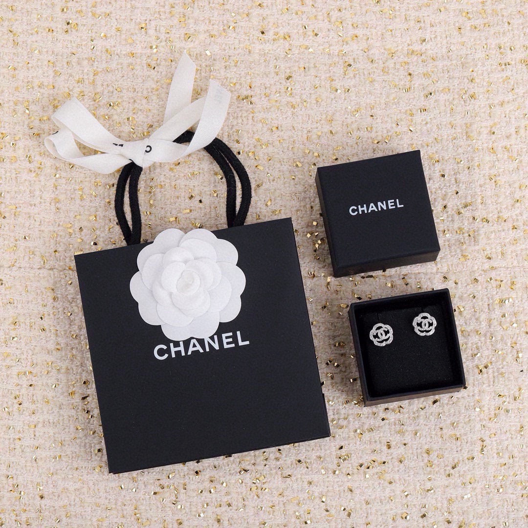Camellia Stud Earrings in Silver-Tone – Camellia Detail – Design 002 front product view