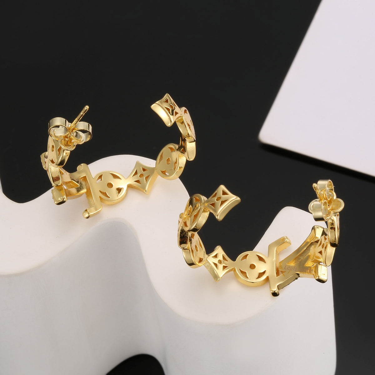 Geometric Emblem Stud Earrings in Polished Metal-Tone – Design 039 front product view