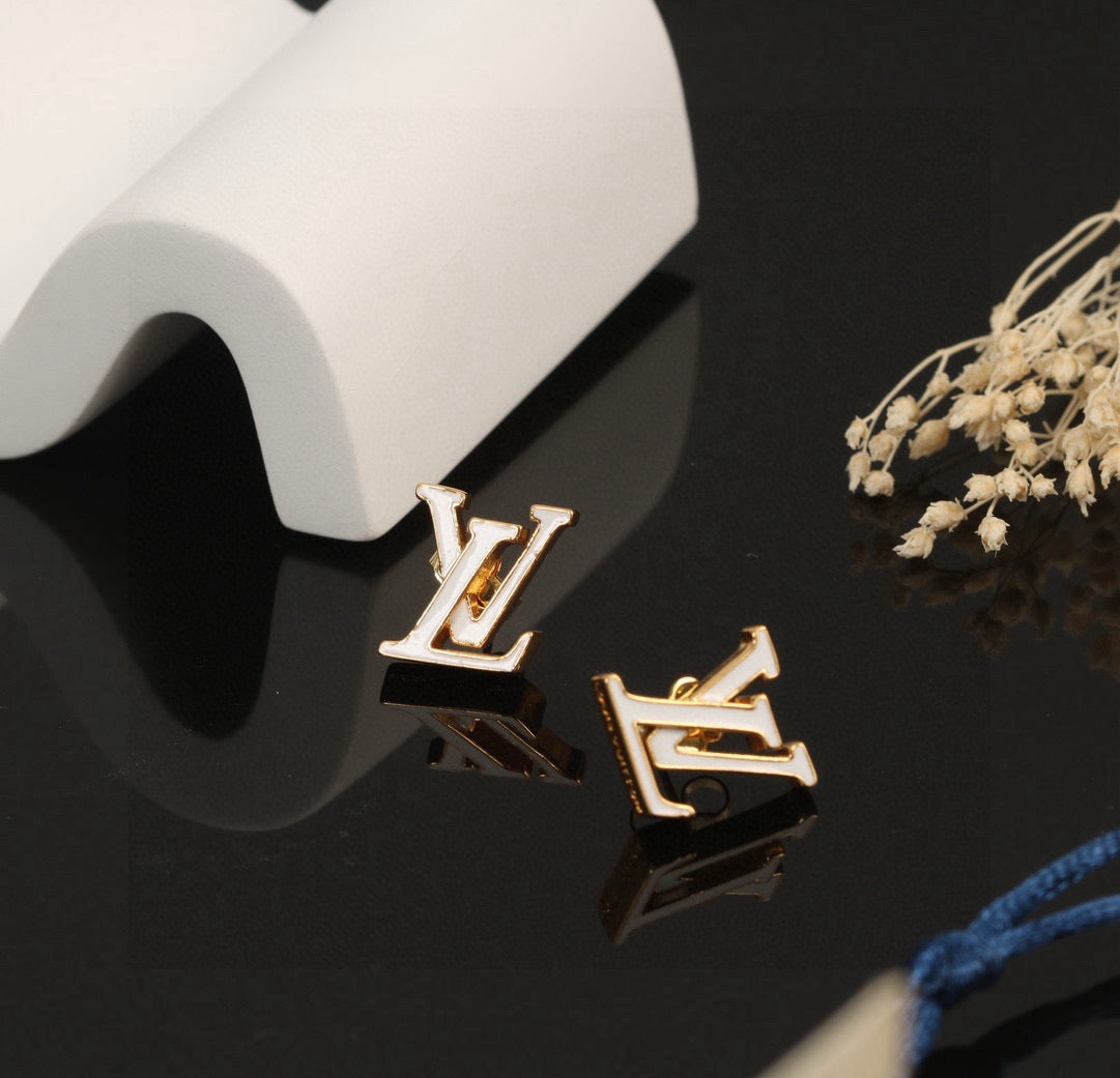 Letter Emblem Stud Earrings in Polished Metal-Tone – Design 035 main product view