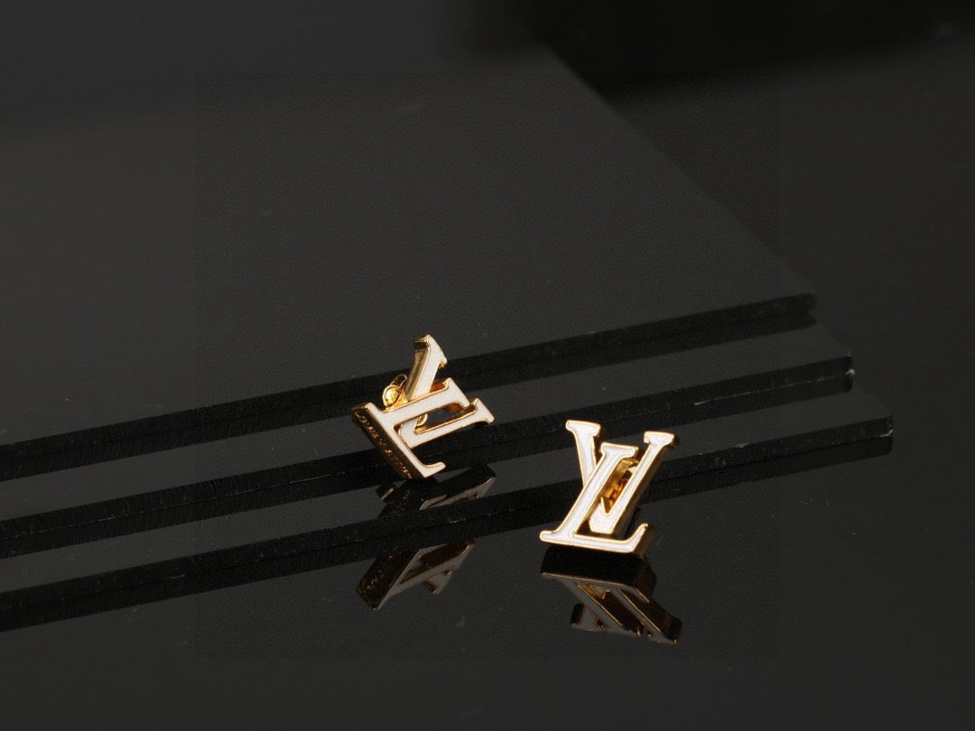 Letter Emblem Stud Earrings in Polished Metal-Tone – Design 033 front product view