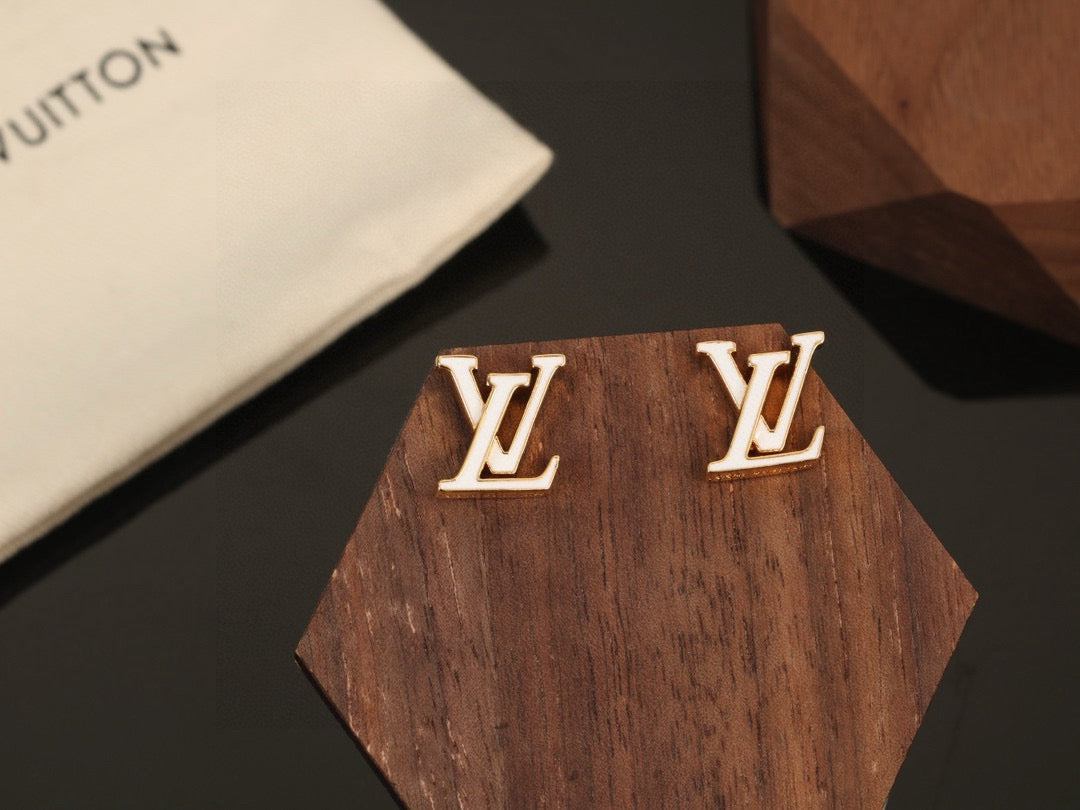 Letter Emblem Stud Earrings in Polished Metal-Tone – Design 035 detail view