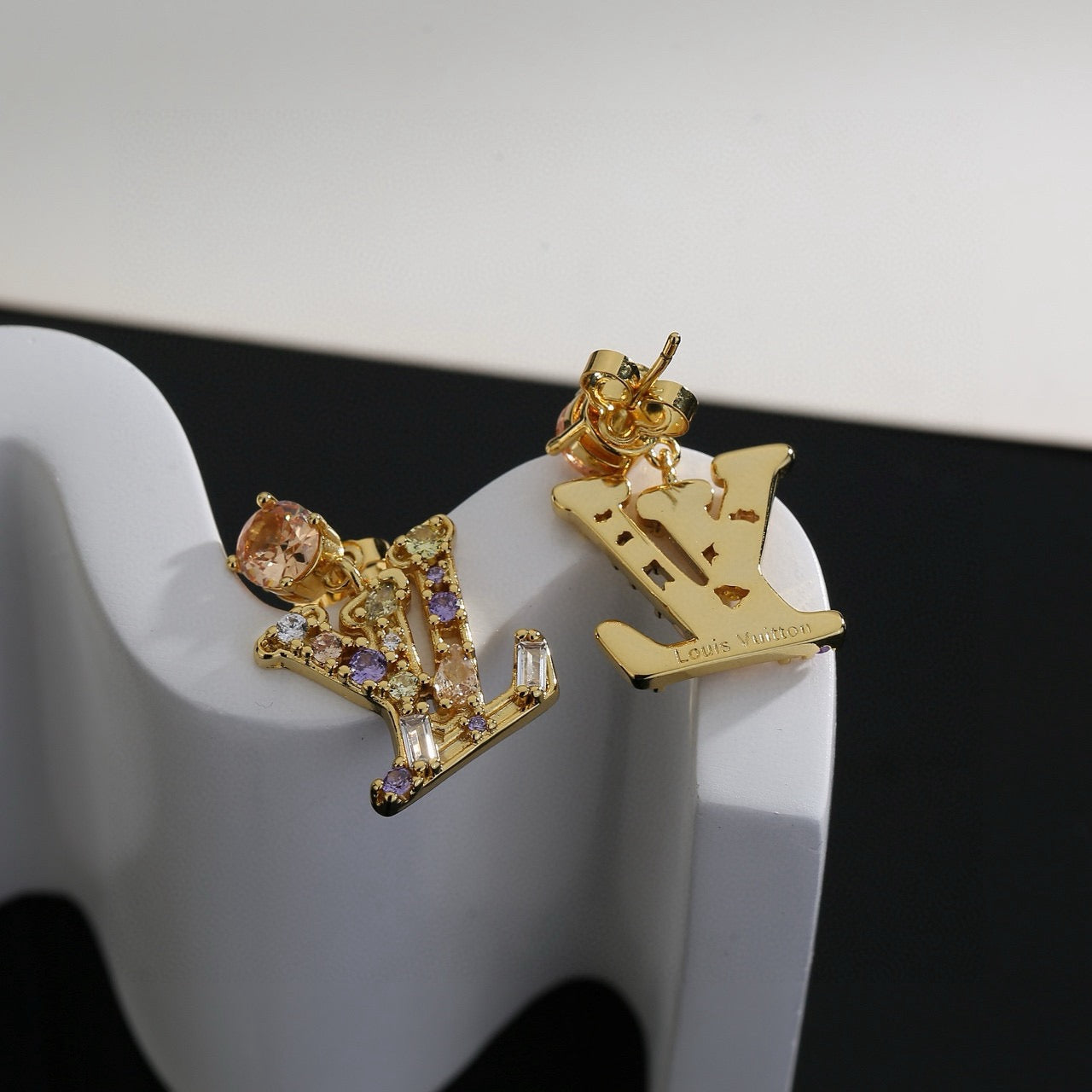 Letter Emblem Stud Earrings in Polished Metal-Tone – Design 032 main product view