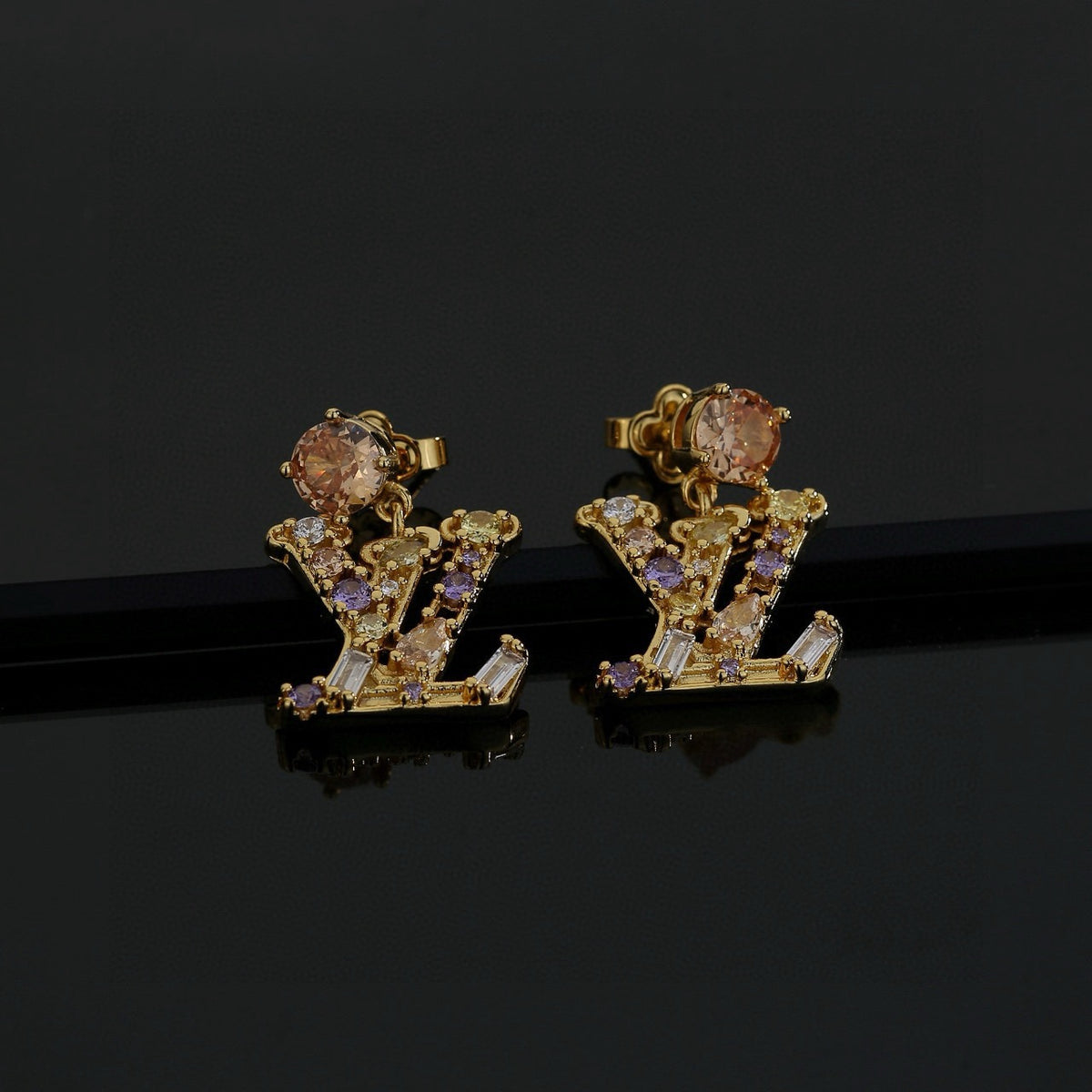 Letter Emblem Stud Earrings in Polished Metal-Tone – Design 006 detail view