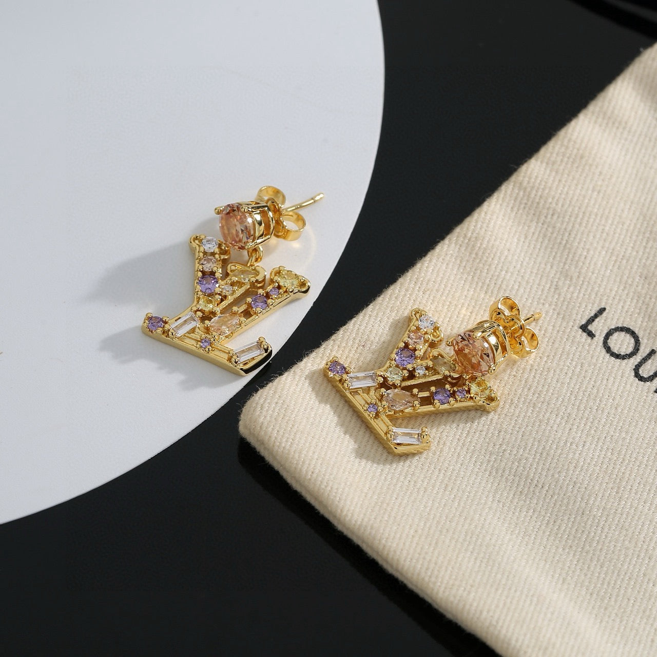Letter Emblem Stud Earrings in Polished Metal-Tone – Design 006 main product view