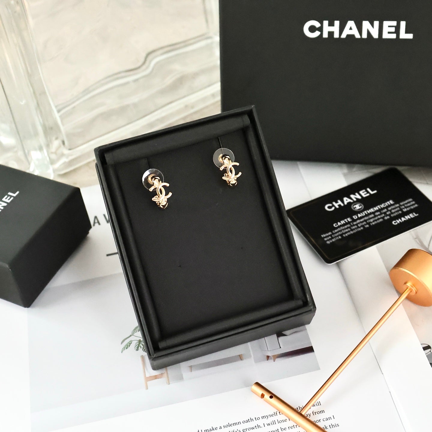 Double-C Emblem Statement Earrings in Polished Metal-Tone – Design 049 styled product view
