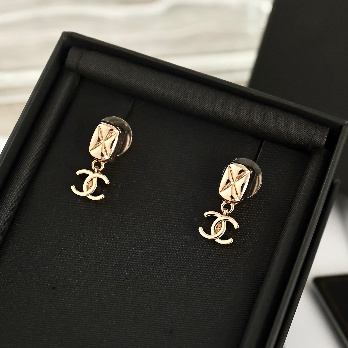 Double-C Emblem Statement Earrings in Polished Metal-Tone – Design 050 close-up detail