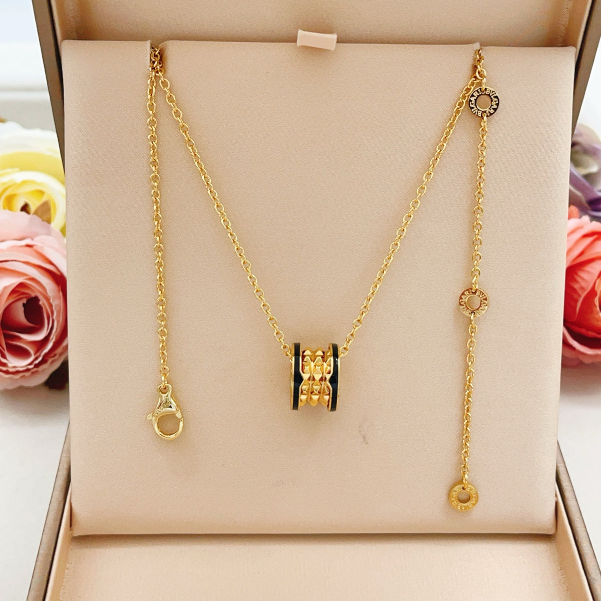 Geometric Emblem Pendant Necklace in Gold-Tone – Design 007 front product view