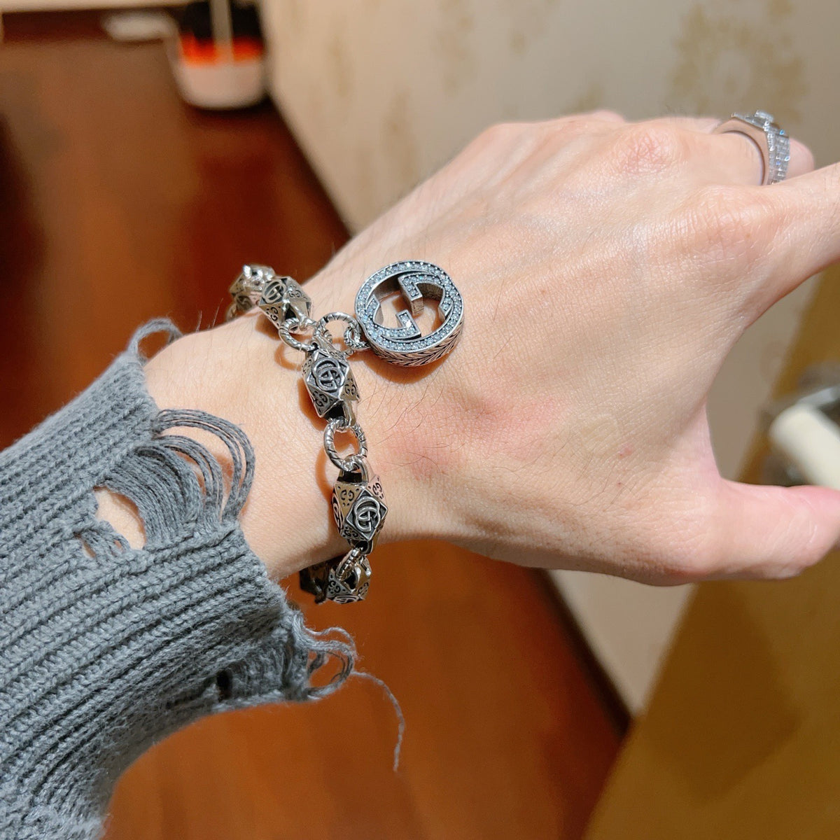 Geometric Emblem Bracelet in Polished Metal-Tone – Design 024 main product view