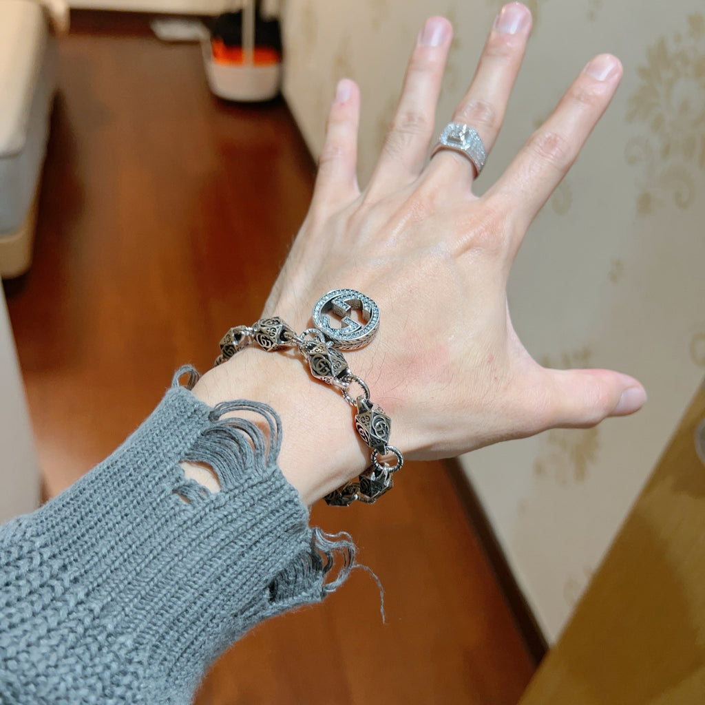 Geometric Emblem Bracelet in Polished Metal-Tone – Design 091 detail view