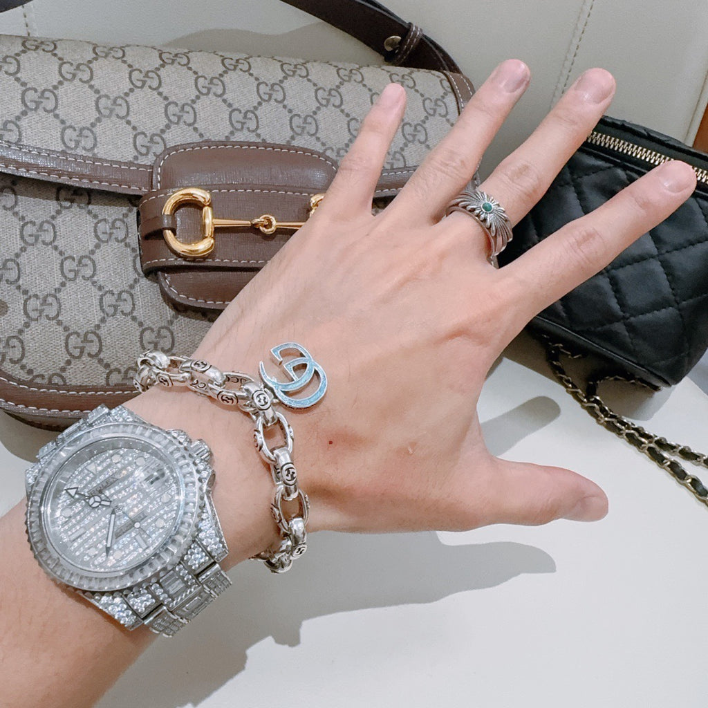 Geometric Emblem Bracelet in Polished Metal-Tone – Design 090 detail view