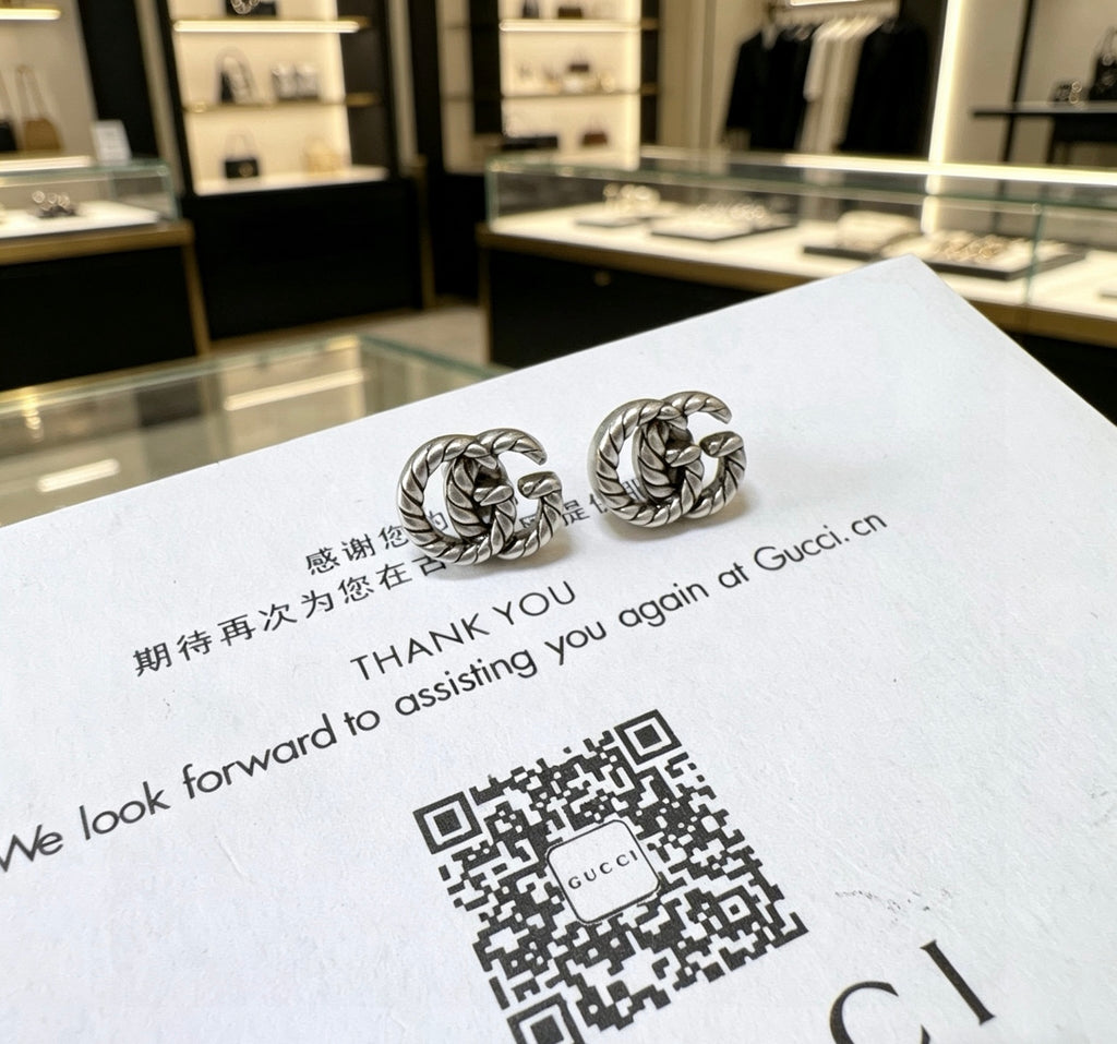 Double-G Emblem Stud Earrings in Polished Metal-Tone – Vintage Detail – Design 009 front product view