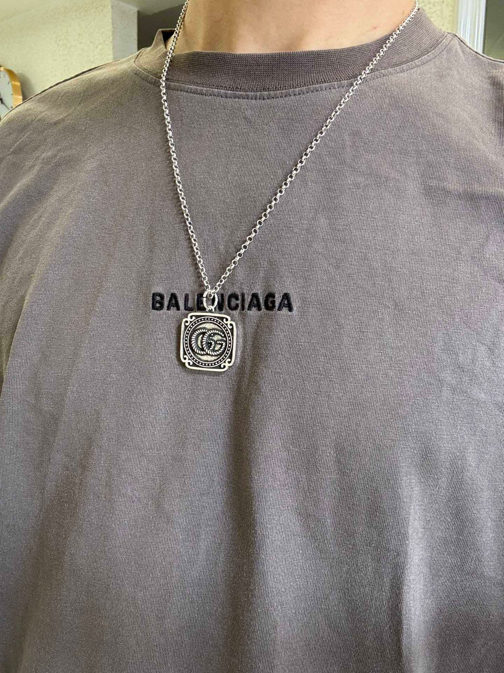 Double-G Emblem Pendant Necklace in Silver-Tone – Vintage Detail – Design 049 styled product view