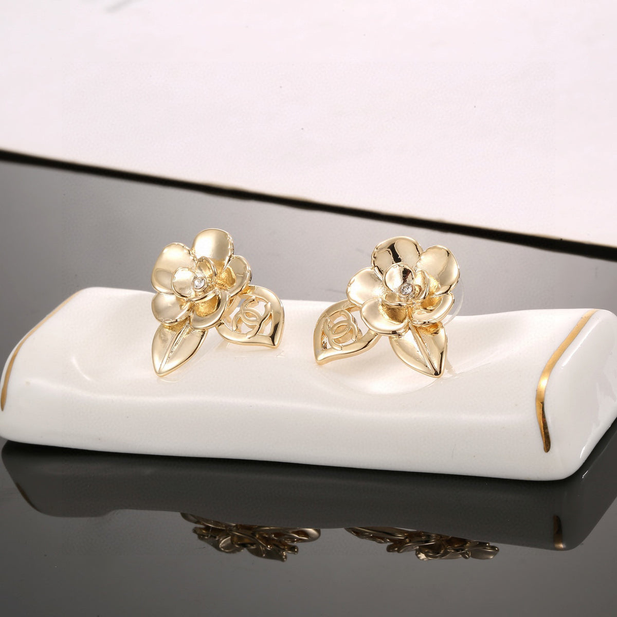 Camellia Stud Earrings in Gold-Tone – Camellia Detail – Design 005 side detail