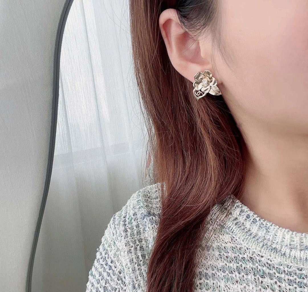 Camellia Stud Earrings in Gold-Tone – Camellia Detail – Design 005 styled product view