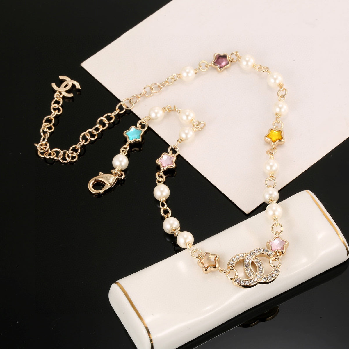 Double-C Emblem Pearl-Detail Pendant Necklace – Pearl Detail – Design 103 front product view