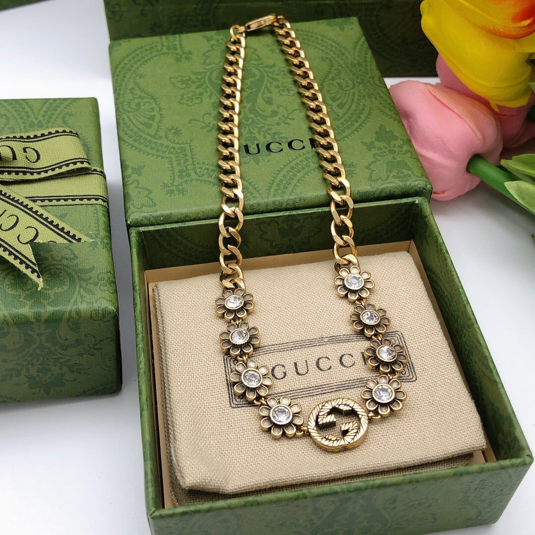 Double-G Emblem Pendant Necklace in Polished Metal-Tone – Design 089 front product view