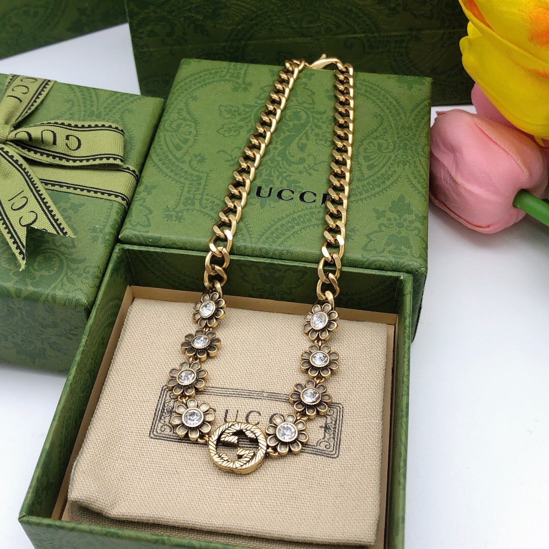 Double-G Emblem Pendant Necklace in Polished Metal-Tone – Design 089 detail view