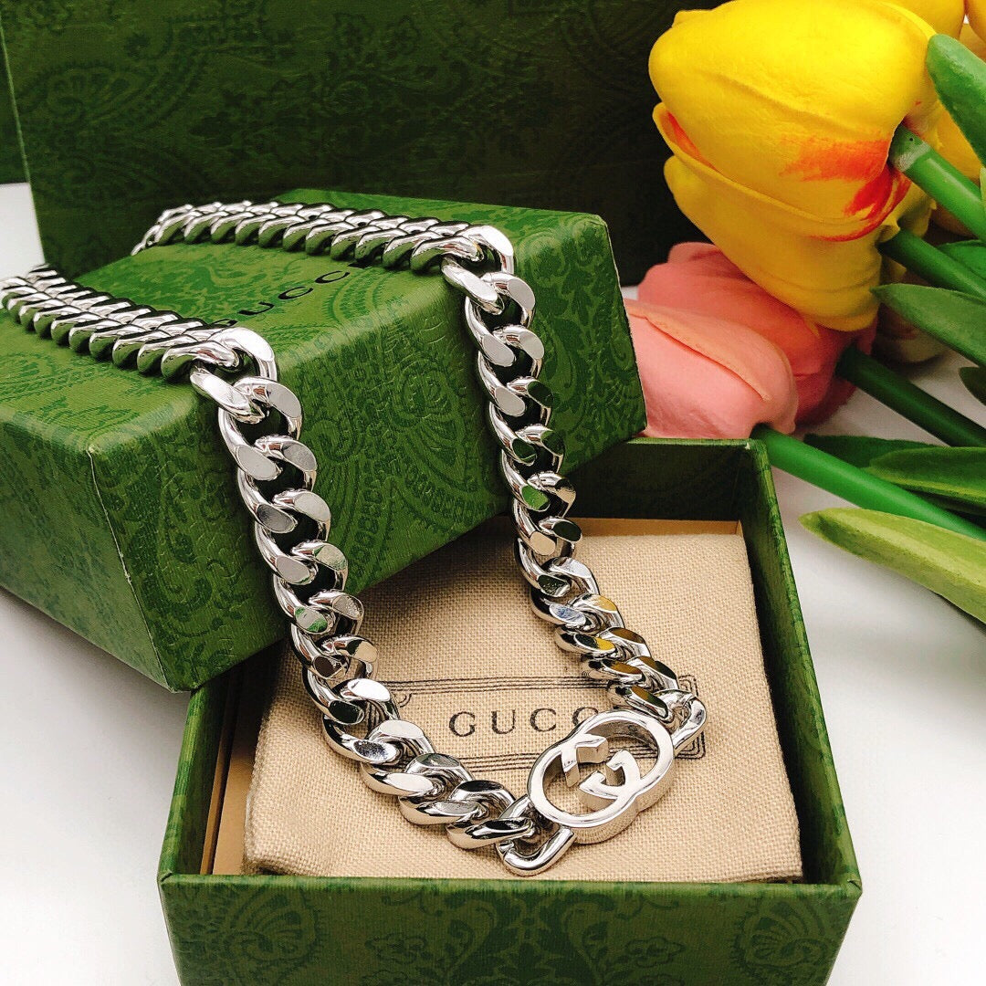 Double-G Emblem Pendant Necklace in Silver-Tone – Design 019 close-up detail