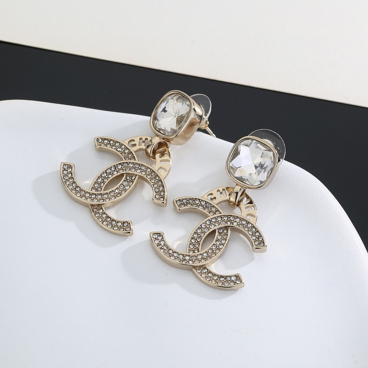 Double-C Emblem Stud Earrings in Gold-Tone – Design 012 styled product view