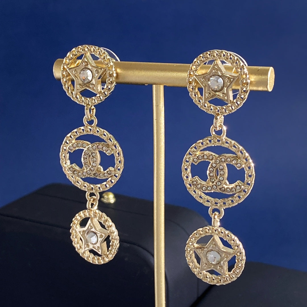 Double-C Emblem Stud Earrings in Gold-Tone – Star Detail – Design 009 main product view