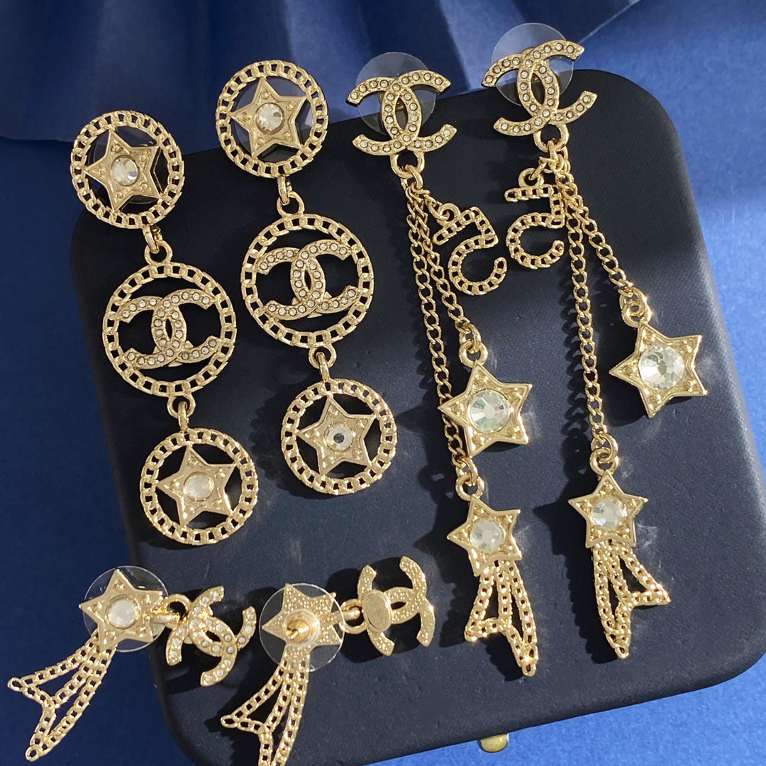 Double-C Emblem Crystal-Accent Stud Earrings – Star Detail – Design 005 front product view