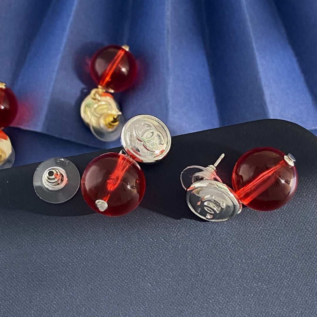 Double-C Emblem Stud Earrings in Silver-Tone – Red Detail styled product view