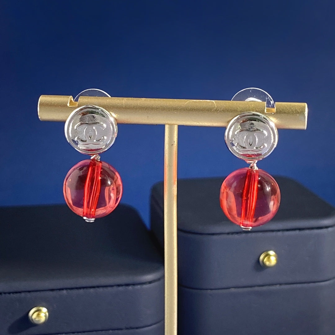 Double-C Emblem Stud Earrings in Silver-Tone – Red Detail front product view