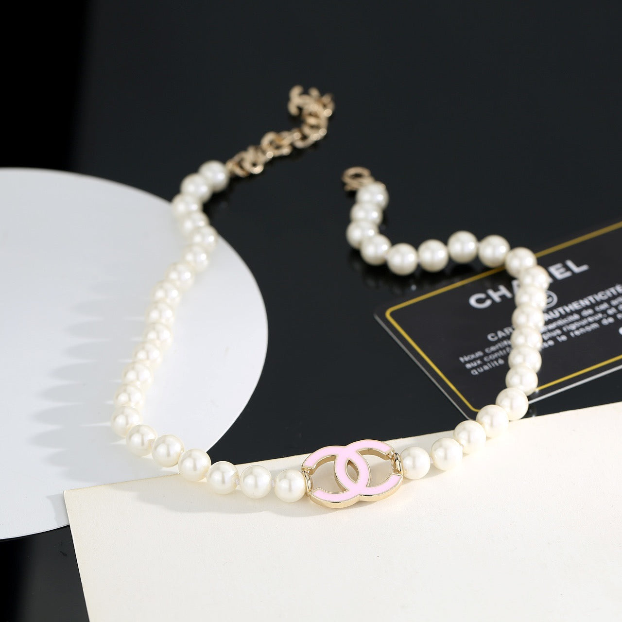 Double-C Emblem Pearl-Detail Pendant Necklace – Pearl Detail – Design 102 front product view