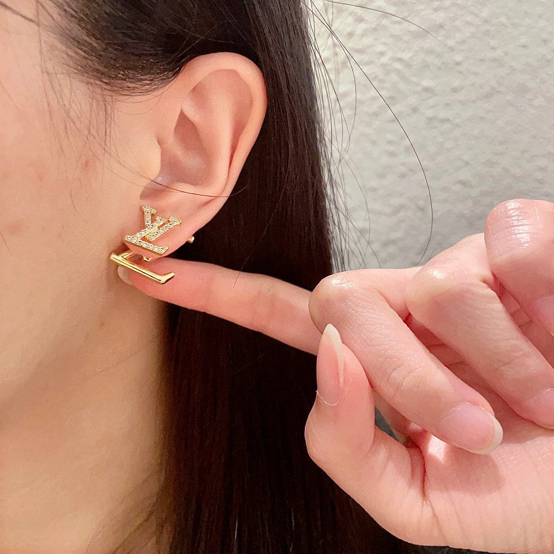 Letter Emblem Stud Earrings in Gold-Tone – Design 008 styled product view
