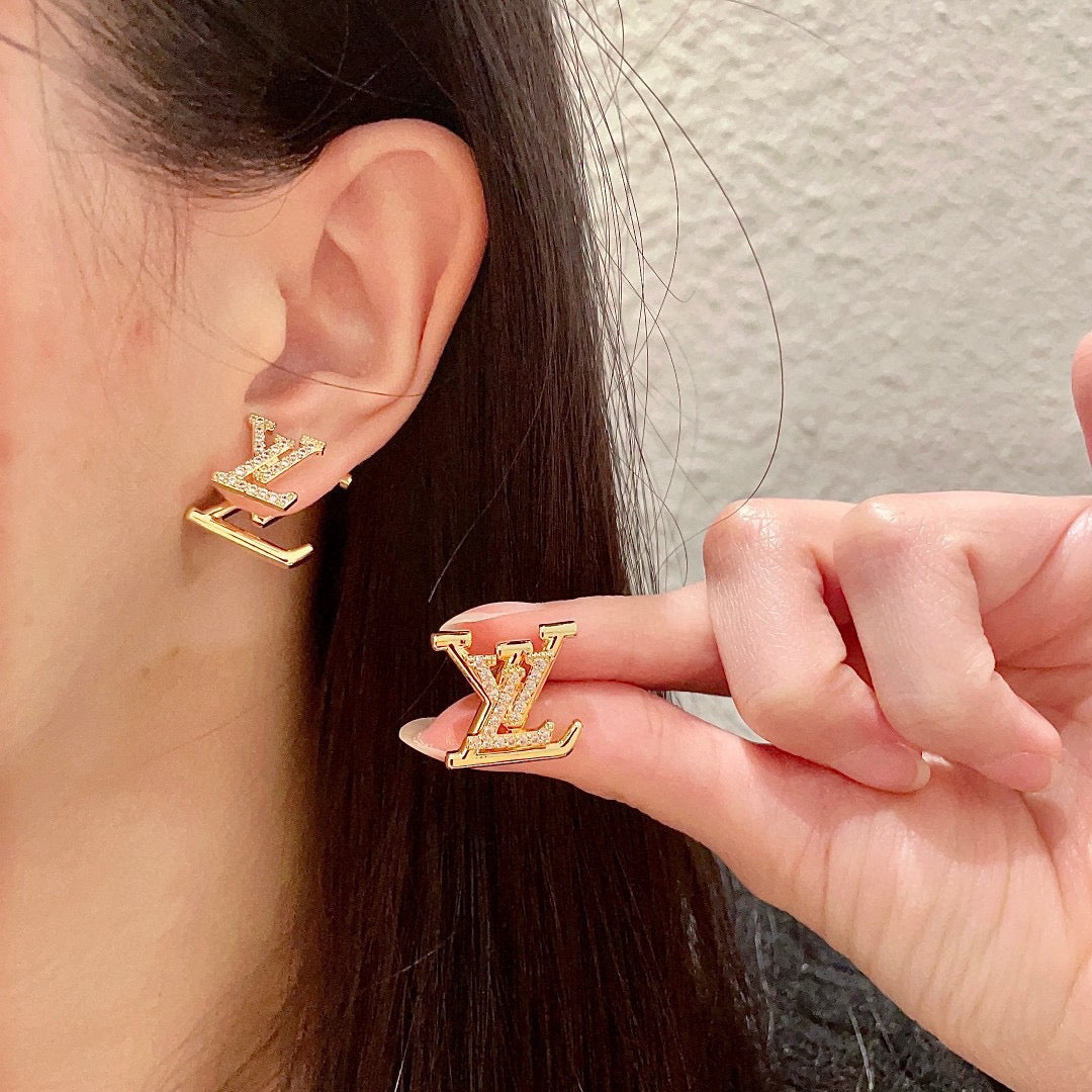 Letter Emblem Stud Earrings in Gold-Tone – Design 008 close-up detail