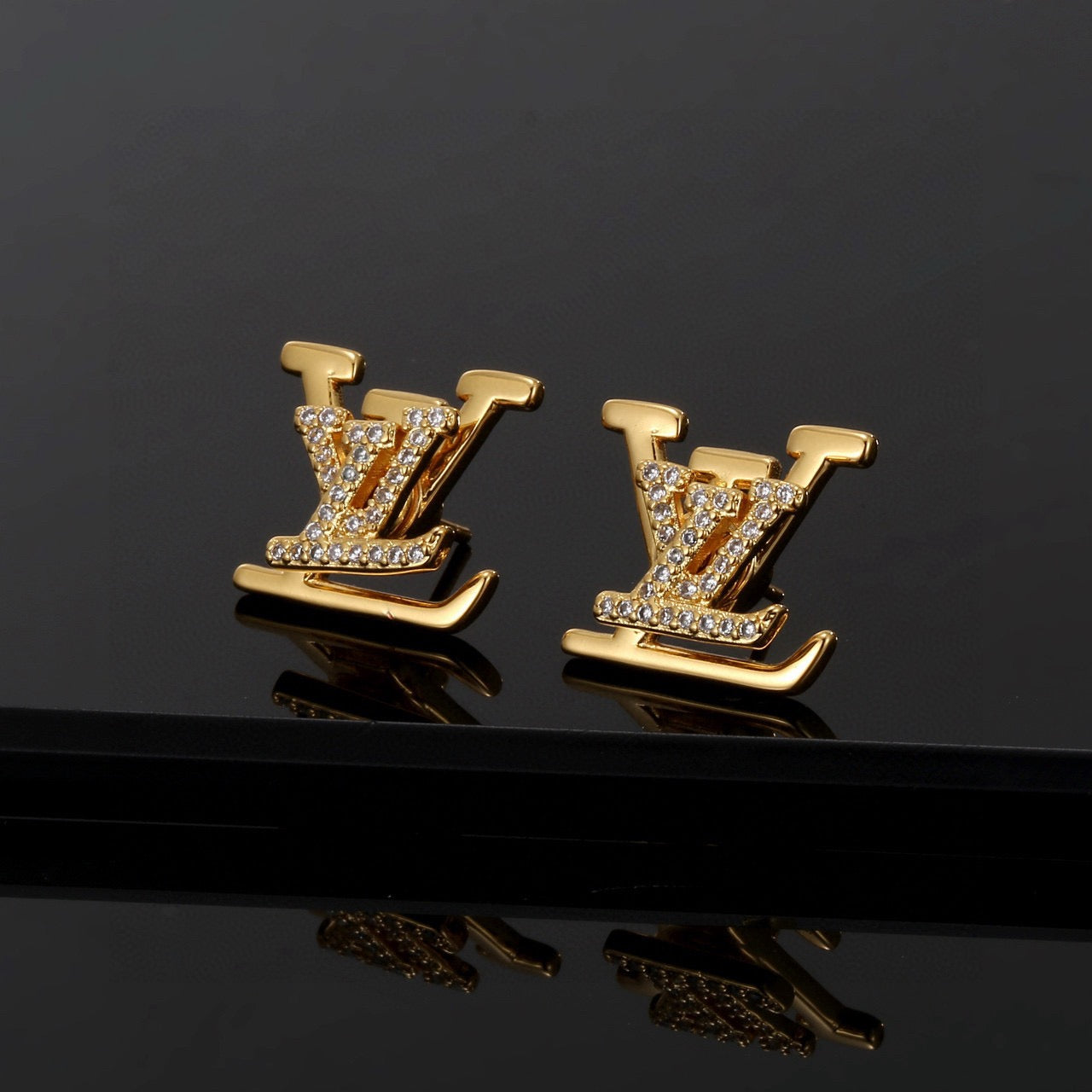 Letter Emblem Stud Earrings in Gold-Tone – Design 008 front product view