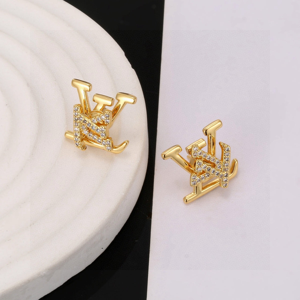 Letter Emblem Stud Earrings in Gold-Tone – Design 008 detail view