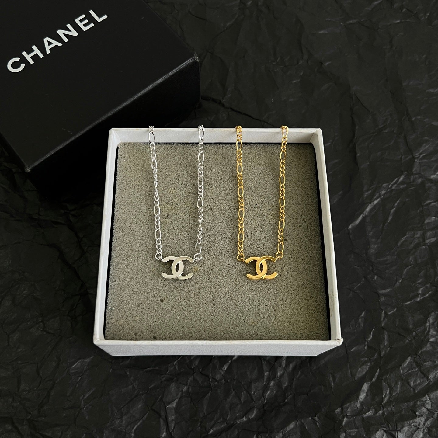 Double-C Emblem Pendant Necklace in Polished Metal-Tone – Design 064 detail view