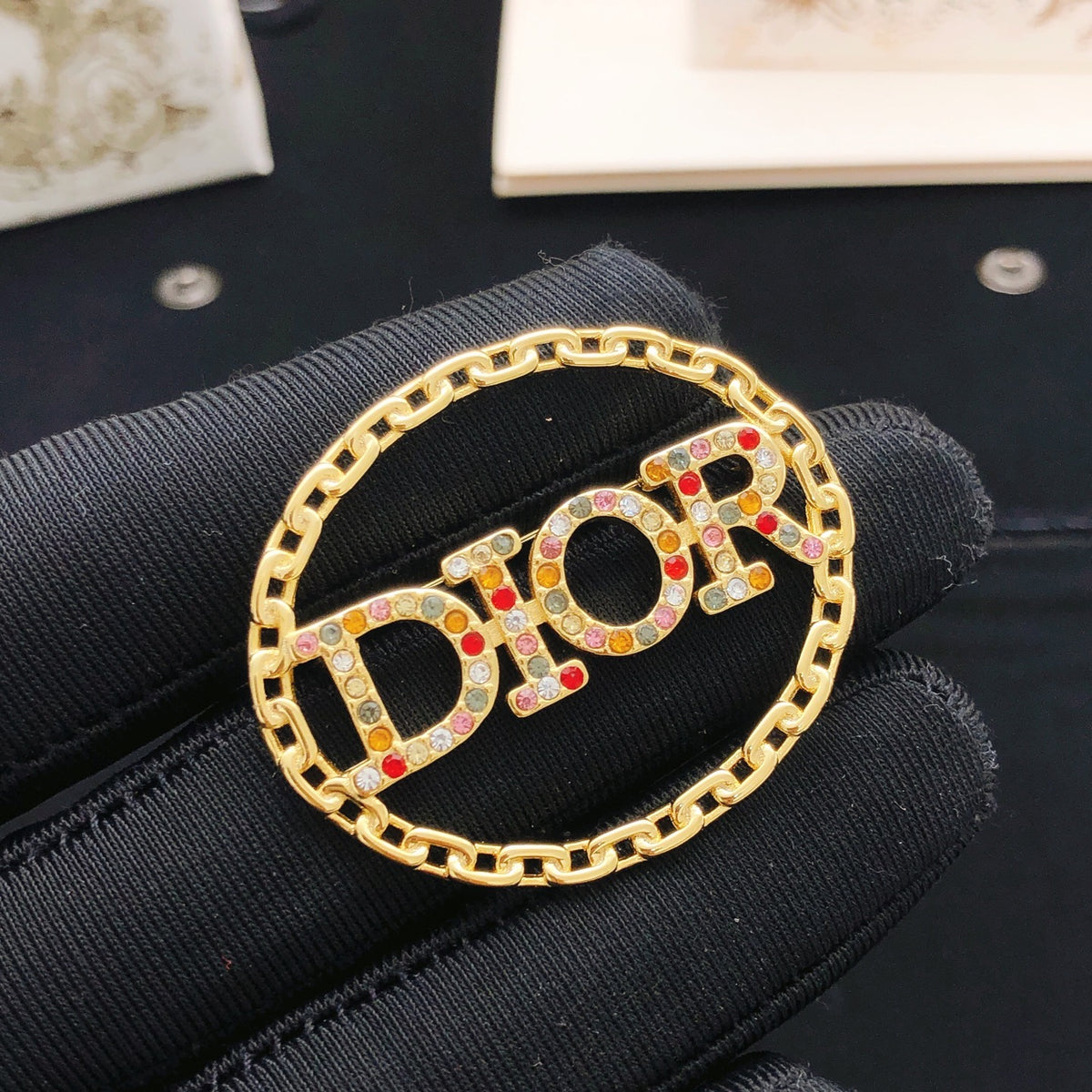 Sculptural Brooch Pin in Polished Metal-Tone with Crystal-Style Accents – Design 006 front view