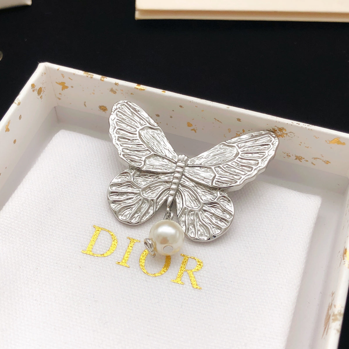 Bow & Butterfly Motif Brooch Pin in Polished Metal-Tone – Design 002 styled view
