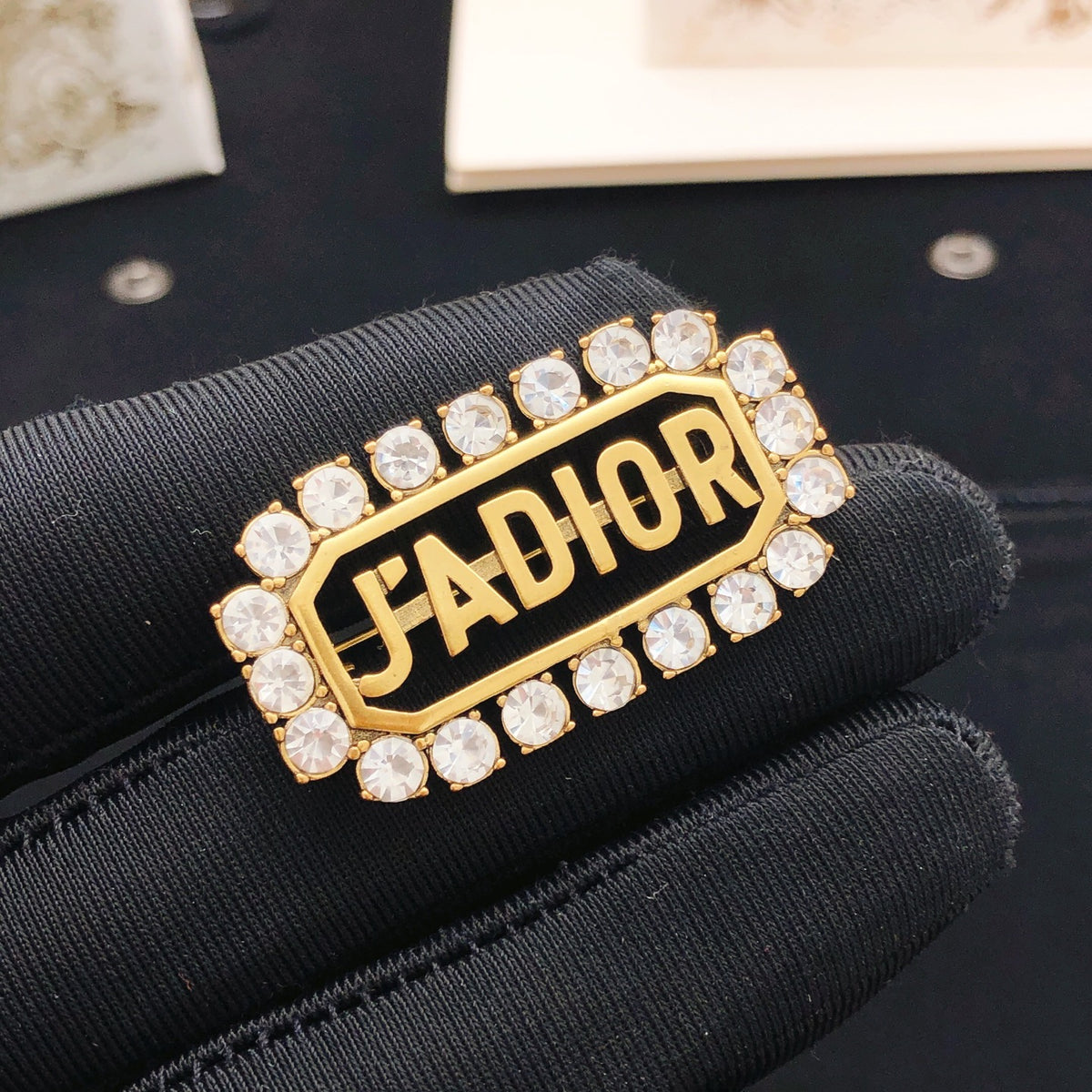 Sculptural Brooch Pin in Polished Metal-Tone with Crystal-Style Accents – Design 005 front view