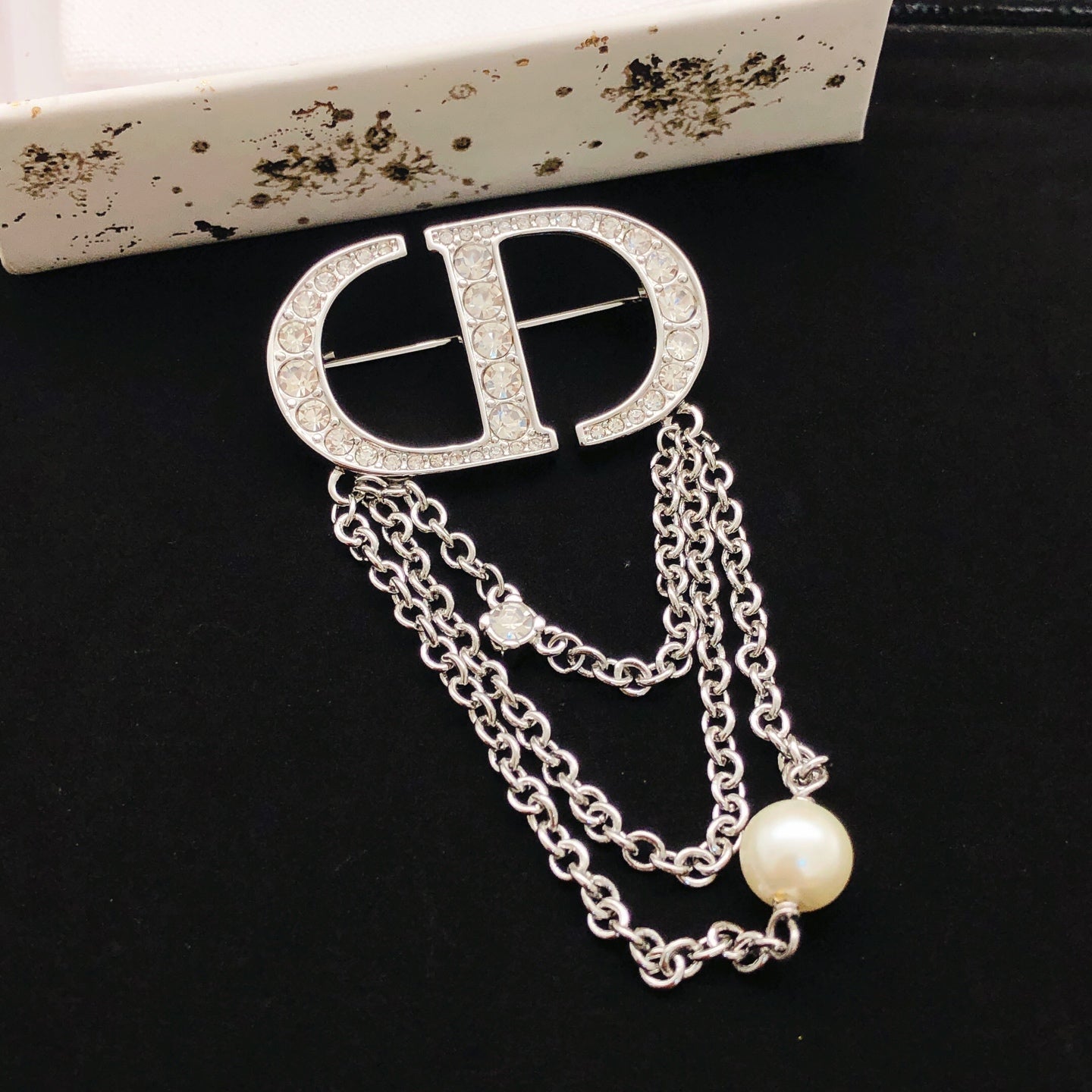 Graphic Letter Motif Brooch Pin in Polished Metal-Tone with Crystal-Style Accents – Design 002 main product view