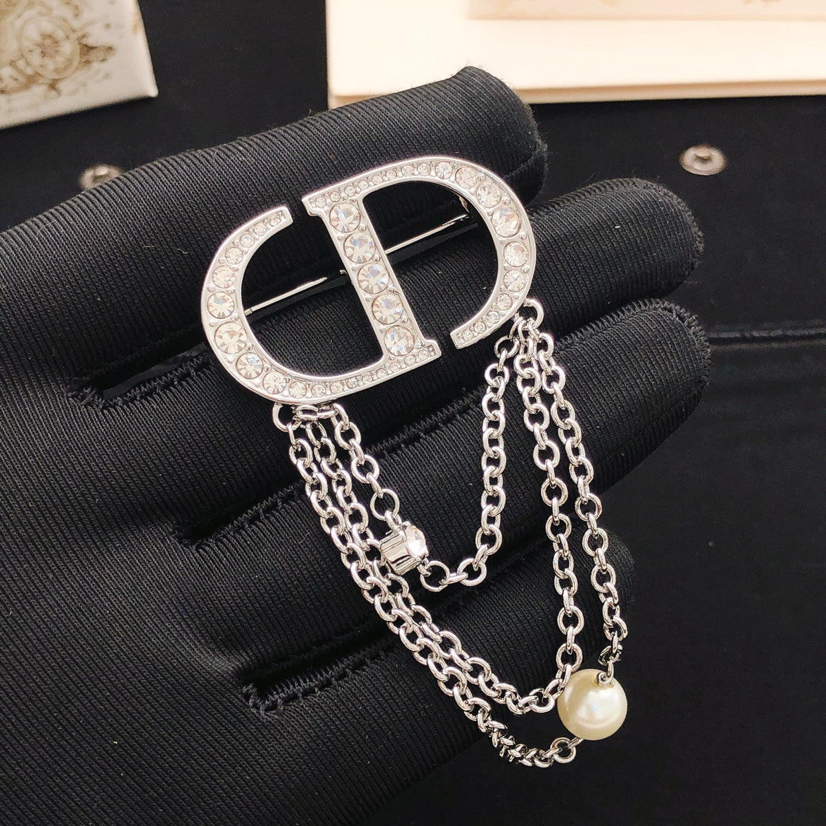 Graphic Letter Motif Brooch Pin in Polished Metal-Tone with Crystal-Style Accents – Design 002 styled view