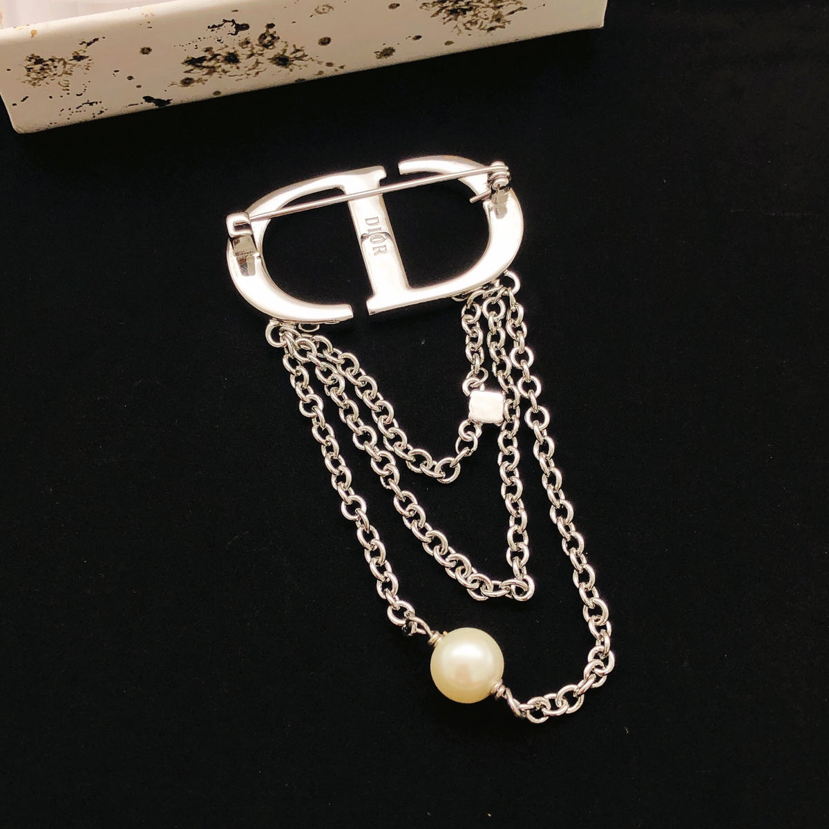 Graphic Letter Motif Brooch Pin in Polished Metal-Tone with Crystal-Style Accents – Design 002 front view