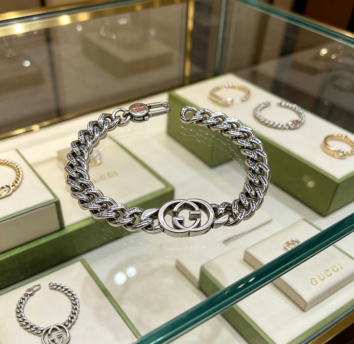 Geometric Emblem Bracelet in Polished Metal-Tone – Design 096 side detail