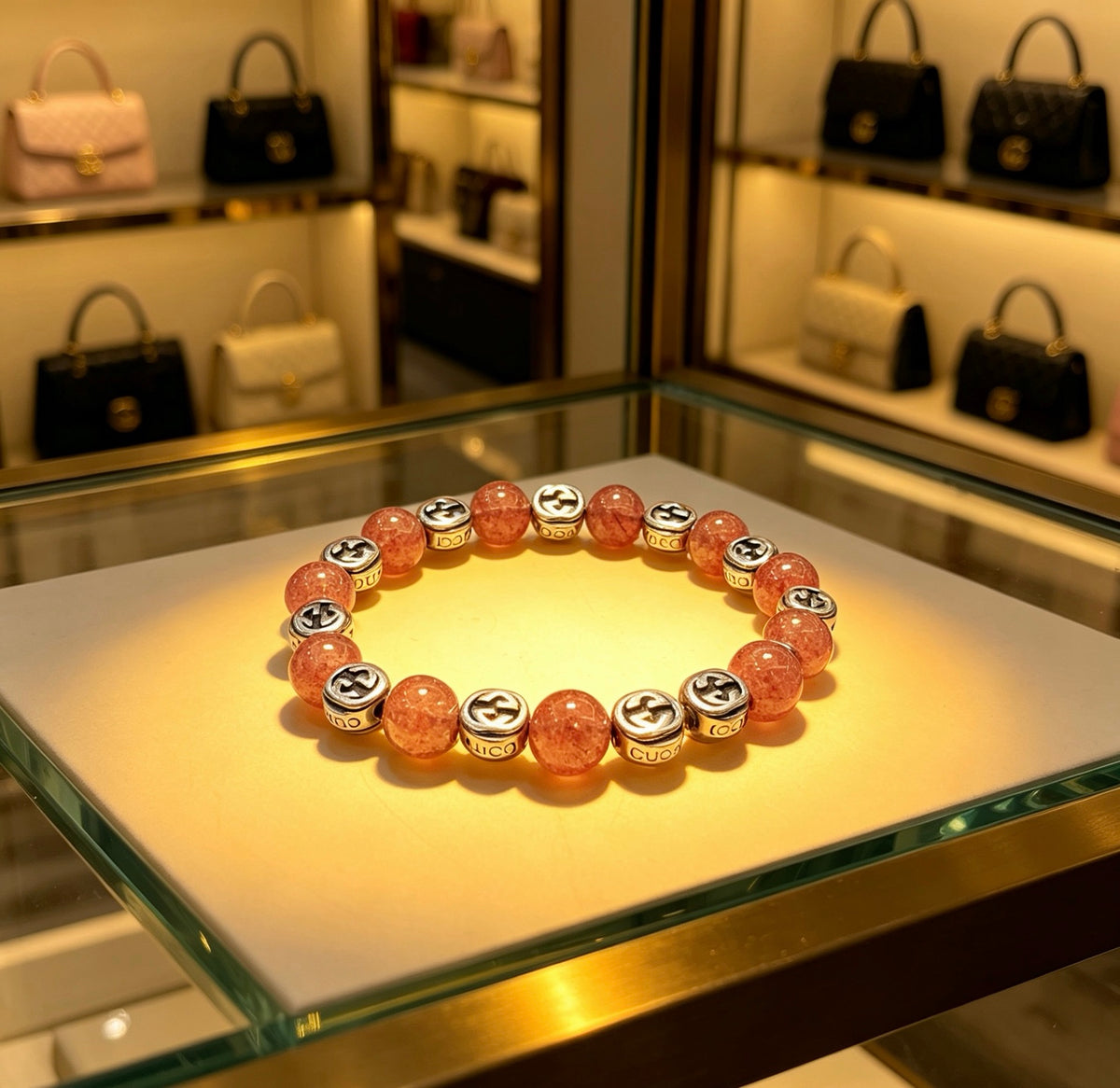 Double-G Emblem Beaded Bracelet in Polished Metal-Tone – Agate Detail – Design 024 front product view