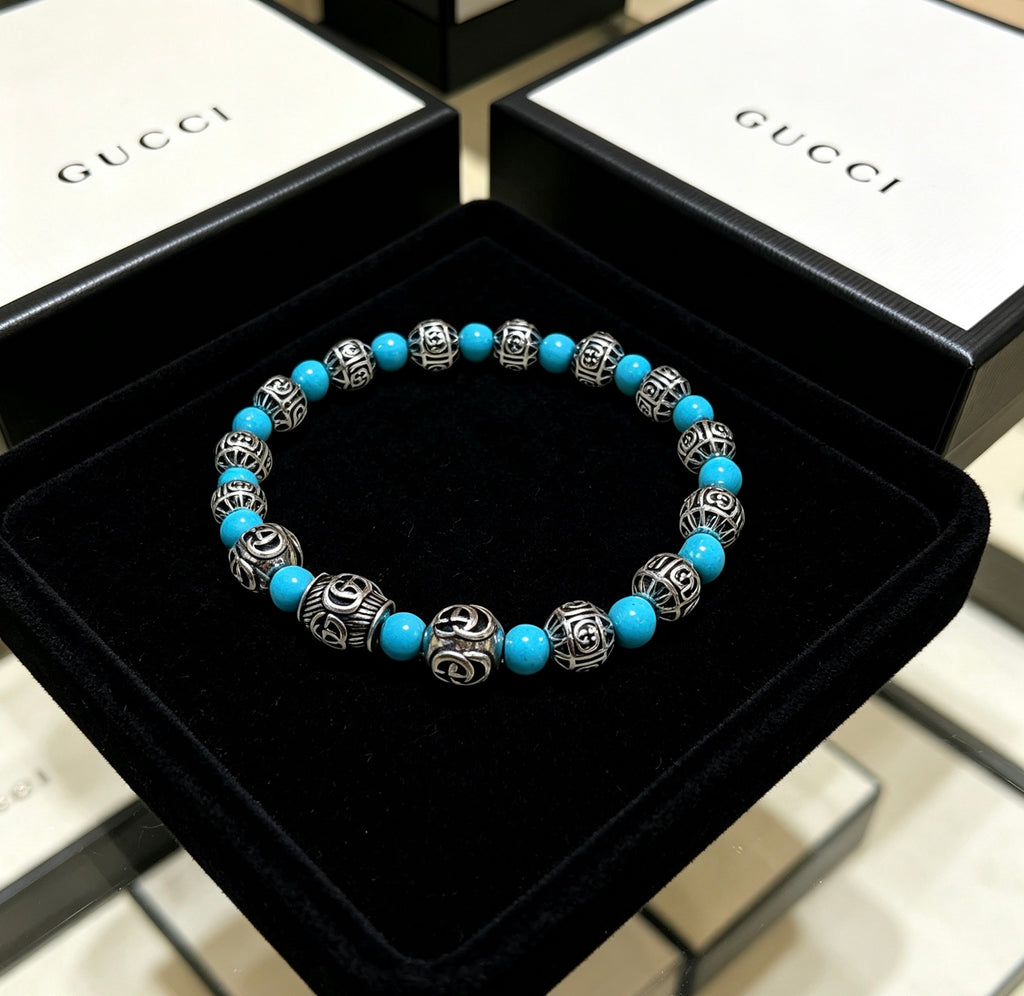 Double-G Emblem Beaded Bracelet in Polished Metal-Tone – Agate Detail – Design 012 front product view