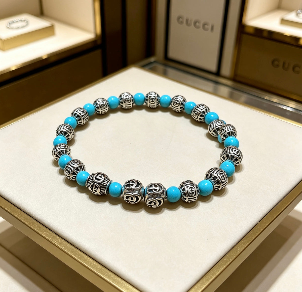 Double-G Emblem Beaded Bracelet in Polished Metal-Tone – Agate Detail – Design 012 front product view