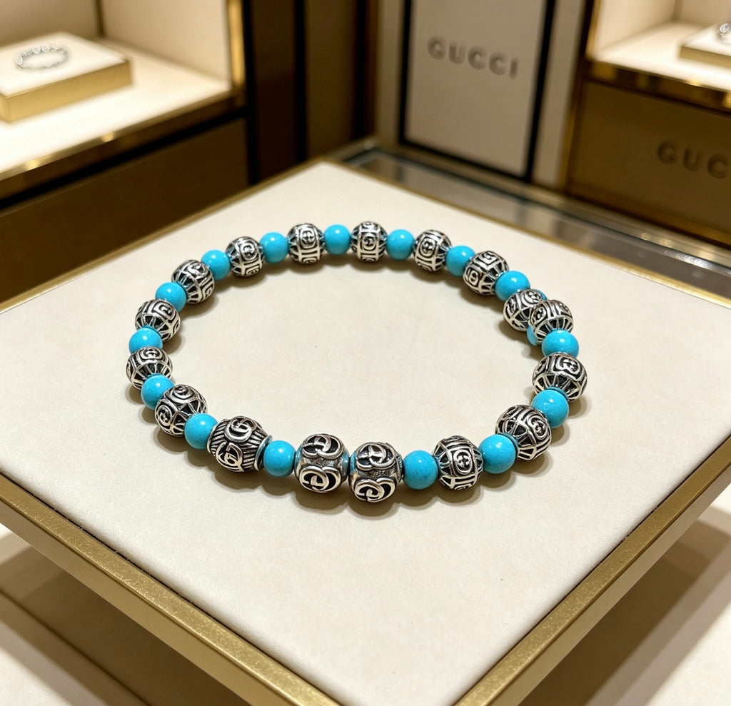 Double-G Emblem Beaded Bracelet in Polished Metal-Tone – Agate Detail – Design 023 front product view
